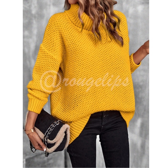 Mustard Yellow Knit Turtleneck Pullover Sweater Long Sleeve Loose Fit Oversized - Picture 1 of 8